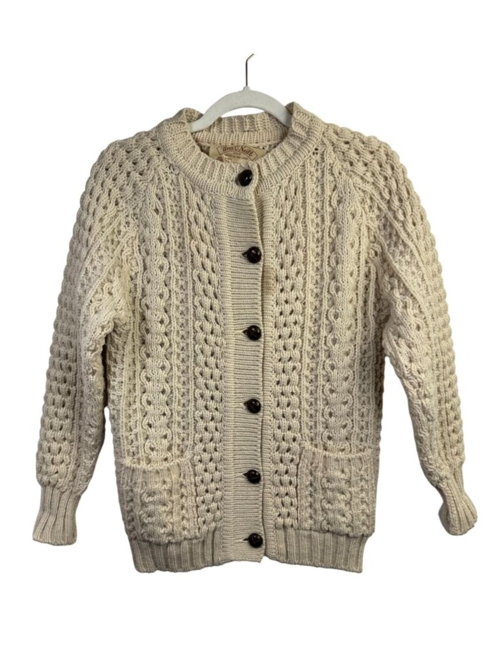 Una ONeill Aran Cable Knit Cream Wool Cardigan Sweater Ireland size Small Chunky